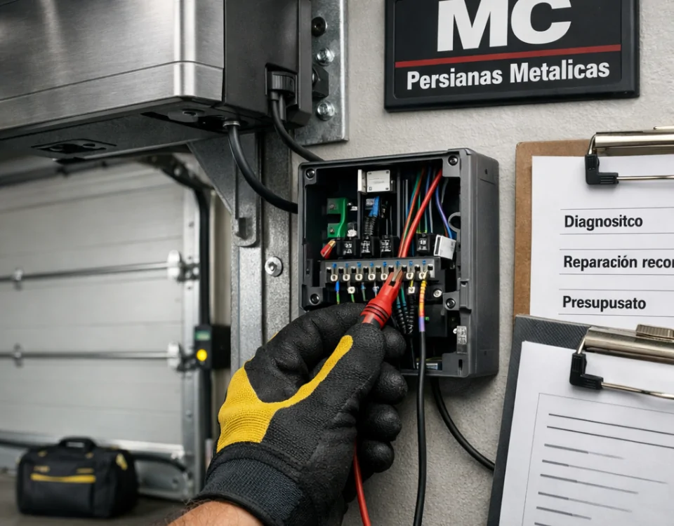 Técnico diagnostica puerta seccional automática; “Mejores opciones para reparar puertas de garaje automaticas en Barcelona”.